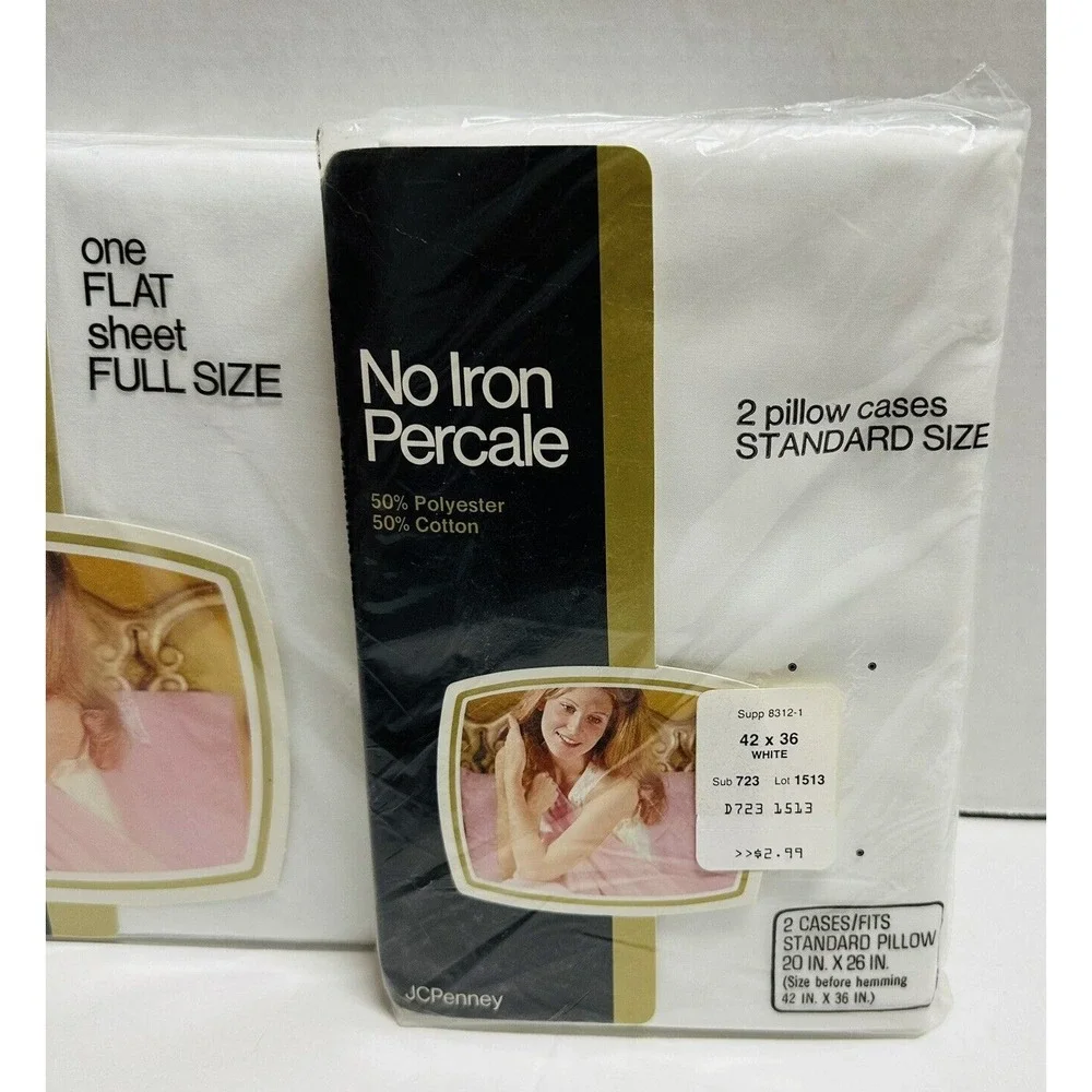 Vtg Fashion Manor No Iron Percale Full Flat Sheet & Pillowcases White NEW NOS